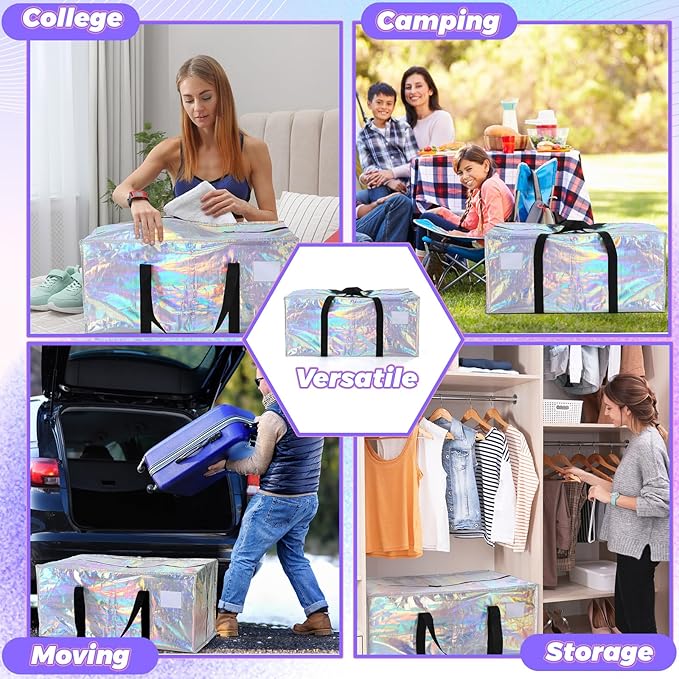 4 Pcs 24 Gallon Extra Large Moving Bags Heavy Duty Storage Bag with Strong Zipper Handle Foldable XXL Jumbo Storage Tote Packing Moving Box for College Dorm Travel Cloth Duffle (Iridescent)