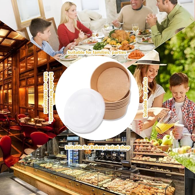 Disposable Round Paper Bowls with Lid 47oz Compostable, 50 Sets Microwave Deli Containers Leakproof, Extra Large Meal Prep Food Container Box, Sturdy Salad Dressing Bowl for Soup Toppings Picnic