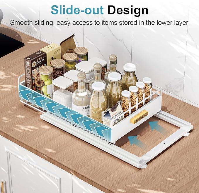 HOMEBOSILY Under Sink Organizer, Kitchen Pull Out Cabinet Organizer, Mute Slide Out Metal Under Sink Organizers and Storage Shelves for Kitchen Bathroom Laundry Cabinet Pantry, White