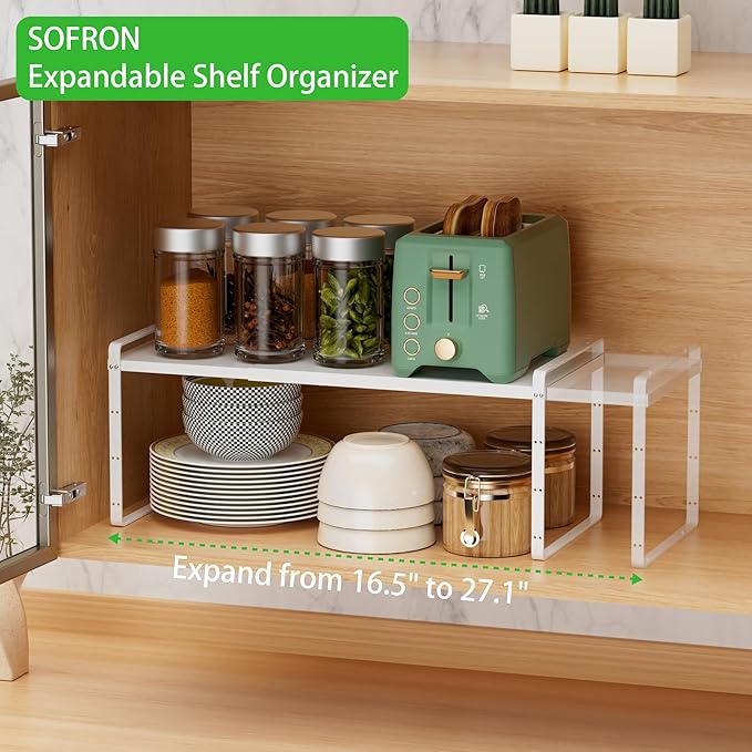 SOFRON Expandable Cabinet Storage Shelf Stackable Organizer Rack for Kitchen Bathroom Pantry Spice Cupboard Countertop Home Office Desk Heavy Duty Nonslip White Large 3 Pack