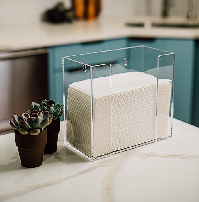 BloominGoods Clear Acrylic Wall Mount Or Countertop Napkin Holder (8 Inch Height) - Guest Towel Napkin Holder For Bathroom Or Kitchen - Paper Towel Dispenser For Vanity Or Table