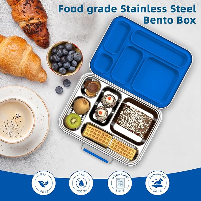 Stainless Steel Bento Box for Adults, 31.6 oz Leakproof 5-Compartments Stainless Steel Bento Containers, Metal Lunch Box with 2 Container, Dishwasher Safe, Design for Office,Outdoor, BPA-Free Blue