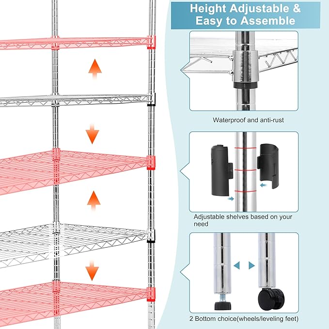 Whitmor 5 Tier Storage Shelves, Heavy Duty with Wheels, Adjustable Steel Organizer, 400 lbs Capacity per Shelf, Max 2000 lbs Total for Home, Garage, Workshop, 36" L x 18" W x 71" H, Chrome