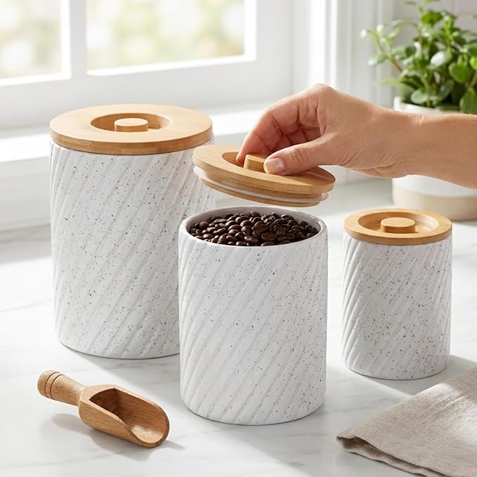 Ceramic Canister Set for Kitchen Countertop & Pantry – 3 Airtight Food Storage Containers for Flour, Sugar & More – Durable White Ceramic with Bamboo Lids