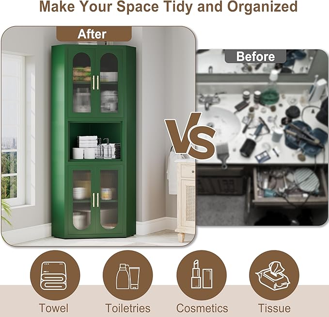 64" Tall Metal Corner Storage Cabinet with Acrylic Glass Doors ＆ Open Display Storage Shelves, Farmhouse Corner Pantry Storage Cupboard for Kitchen, Laundry Room, Bathroom or Bedroom (Green)