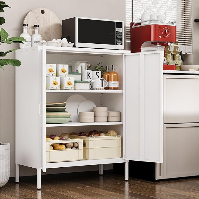 YAUWOH Metal Cabinet with 2 Doors and 4 Shelves，39.96" Tall Steel Office Cabinet,Bathroom Floor Locker，for Office,Home,Garage,Gym,School (White)