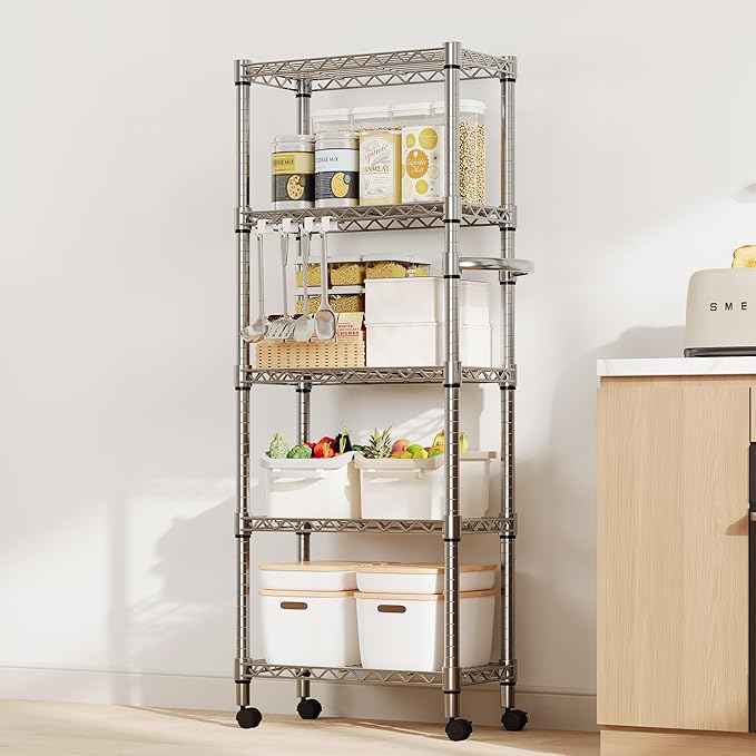 5-Tier Storage Shelves 1100 LBS Heavy Duty Metal Wire Rack Shelving with Lockable Wheels, 61" H Rolling Storage Rack for Pantry Kitchen Garage Bedroom Organization