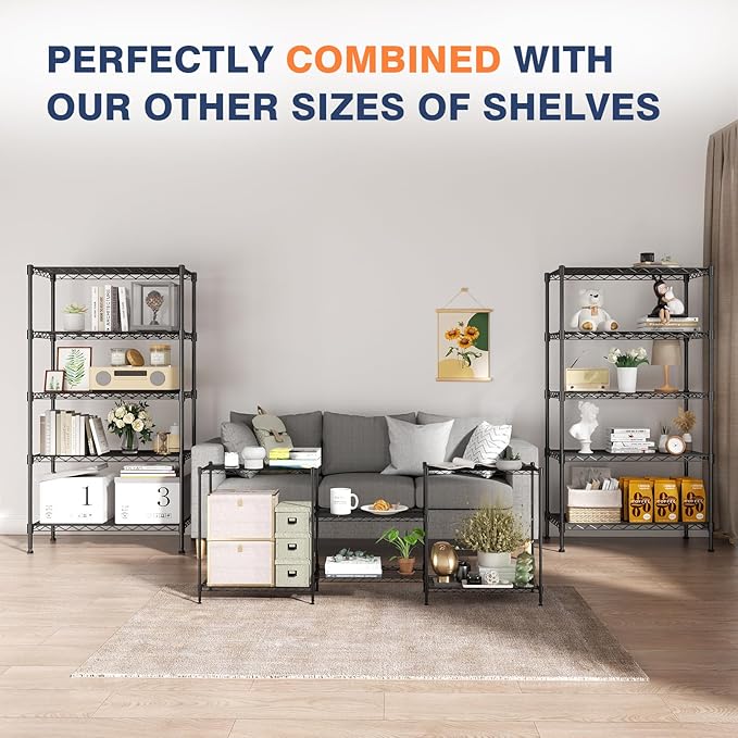 3-Tier Wire Shelf Rack,24" Dx14 Wx 30" H,Wire Metal Shelving with Lockable Wheels,Height Adjustable Storage Standing Shelves for Kitchen,Living Room,Laundry,Office,Pantry,Studio,Black