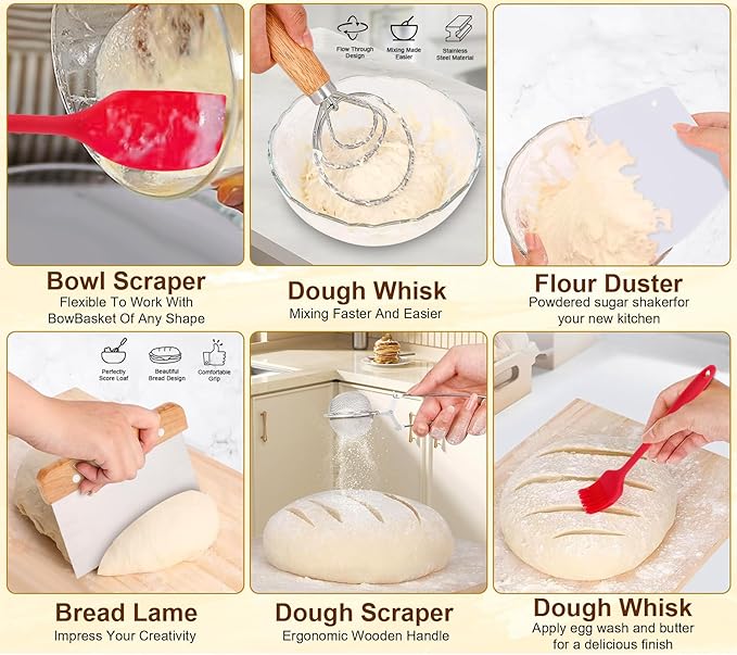 SavEase Sourdough Bread Baking Supplies, Complete Sourdough Starter Kit, 9" Round & 10" Oval Bread Proofing Basket with Sour dough Starter Jar, Bread Making Tools Gifts for Bakers Women Wife Mom