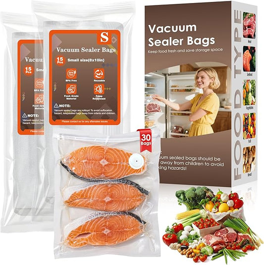 Elxis Reusable Vacuum Sealer Bags for Food – 30 Small (8 x 10 in) –Odor-Resistant, Leak-Proof-Microwave – Compatible with Elxis Vacuum Sealers