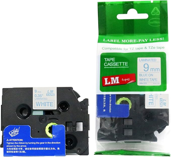1/Pack LM Tapes - LMe223 Premium 3/8" Blue Print on White Label Compatible with P-Touch TZe-223 Tape and Includes Tape Color/Size Guide. Replaces TZ-223 9mm 0.35 Laminated.