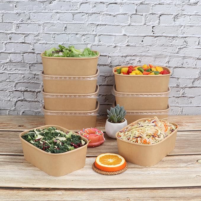 JAYEEY 28 oz Disposable Kraft paper bowls with lids, Rectangle Food containers Soup Bowls Party Supplies Treat Bowls 50 Pack