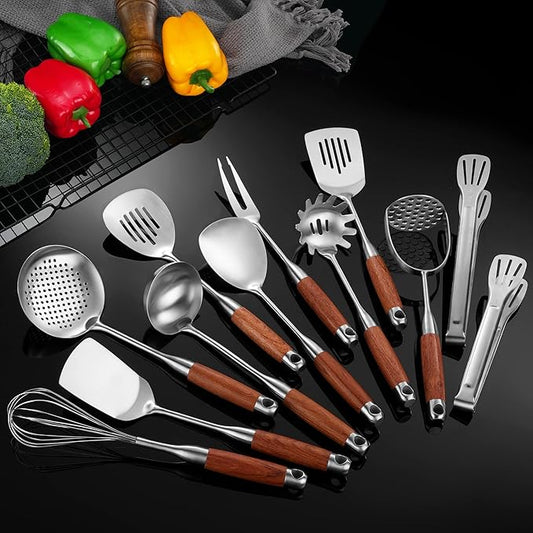 NIITAWH Kitchen Utensils Set Stainless Steel with Wooden Handle,Metal Cooking Utensils Set 12 PCS,Spatulas,Ladle,Skimmer,Tunners,Spaghetti Spoon,Fork,Potato Masher,Egg Whisk,Tongs
