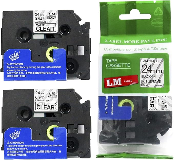 2/Pack LM Tapes - LMeM51 Premium 1" Black Print on Matte Clear Label Compatible with Brother TZe-M51 P-Touch and Includes Tape Color/Size Guide. Replaces TZeM51 24mm 0.94 Laminated
