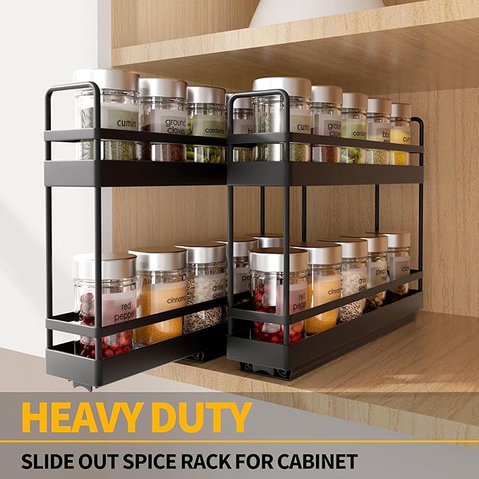 Finnhomy Pull Out Spice Racks for Inside Cabinets, Whole Metal Manufacturing, Vertical Spice Rack Pull Out, Spice Organizer, 2.16" W × 10.39" D × 9.76" H, 2 Drawers & 2 Tiers, 2 Pack, Black