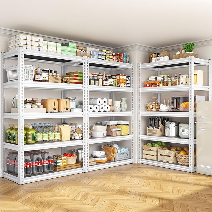 REIBII 5 Tier Storage Shelves, 2500LBS Adjustable Metal Shelving Unit, White Shelves for Pantry, Kitchen, Garage, Warehouse, 65.74" H x 33.85" W x 15.35" D, White