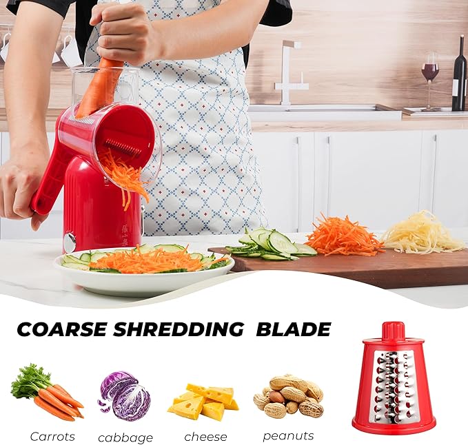 Rotary Cheese Grater Hand Crank with 5-in-1 Interchangeable Blades & Strong Suction Base Vegetables Shredder Manual Slicer for Kitchen, Red