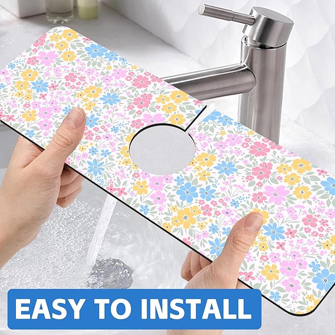 Retro Floral Cute Wildflowers Dish Drying Mat for Kitchen Sink Splash Guard Behind Faucet Sink Mat Absorbent Fast Drying Faucet Draining Mat for Bathroom Kitchen 5.5"×15"