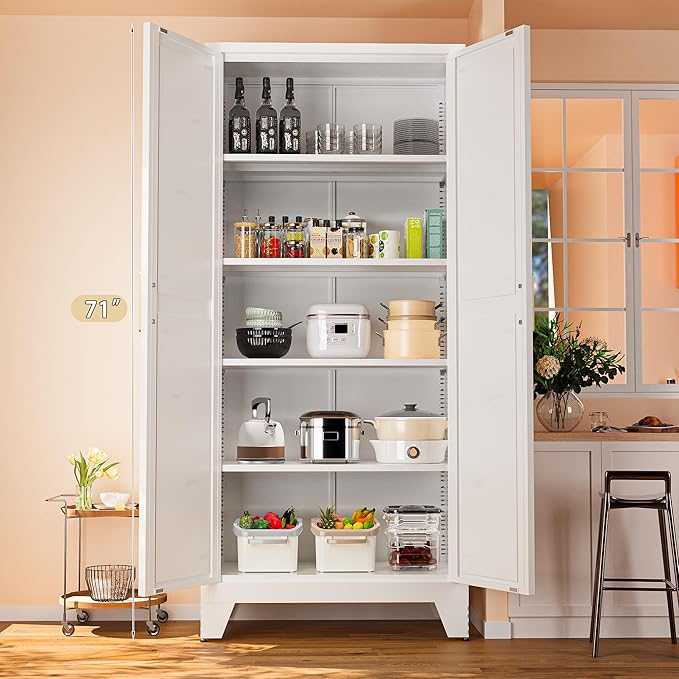 71'' Farmhouse Metal Storage Cabinet with Barn Doors,Steel File Cabinet for Home Office,Kitchen Pantry 4 Adjustable Shelves,Freestanding Cupboard for Kitchen,for Home Office,School (White)
