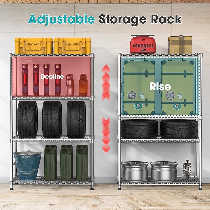 4-Shelf Heavy-Duty Industrial Wire Shelving Rack 2200 LBS Metal Storage Shelves Adjustable Standing Storage Shelf Unit Sturdy Steel Organizer for Pantry Laundry Kitchen Closet Garage 14"Dx35.7"Wx59"H