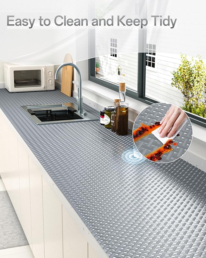 Shelf and Drawer Liner for Kitchen Cabinet, Non-Adhesive 24in x 240in Waterproof Contact Paper Refrigerator Liners Thickened Durable EVA Material Non Slip Mat for Dresser Cupboard Pantry Protector