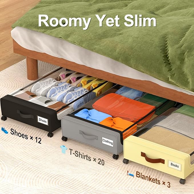 GoMaihe Under Bed Storage with Wheels: XXL Underbed Storage Containers with Lids - Rolling Bins for Shoes Clothes in Dorm Bedroom - Metal Drawers Easy Pull-out Beige 4-Pack