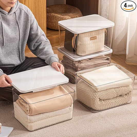 Sgoostood 4-Piece Set,Plastic Storage Bin with Lid,Large Storage Containers,Stackable Lidded Storage Boxes for Cabinets, Clothes, Toys, Books (clear 4XL(with wihte lid))