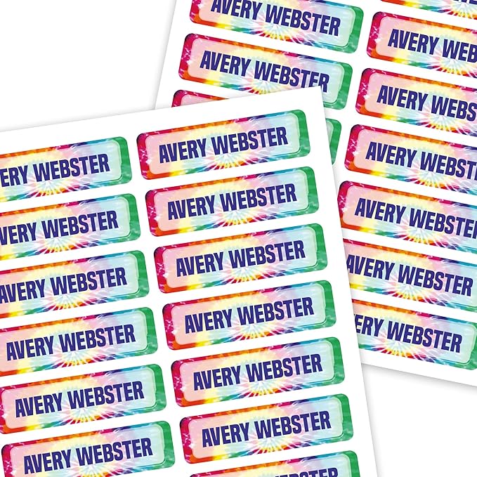 Mini Labels 1.5”x0.4” - 198-Pack Custom Name Stickers - Personalized Waterproof Labels for Bottles, Food Containers, School Supplies and More – Dishwasher & Microwave Safe – Tie Dye Blue