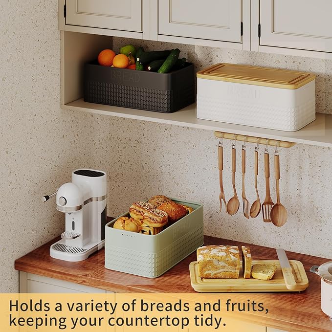 Bread Box for Kitchen Countertop,Metal Bread Storage Bin with Bamboo Cutting Board Lid, Includes Bread Knife, Fits Sourdough & Buns, Stylish Organize (Green)