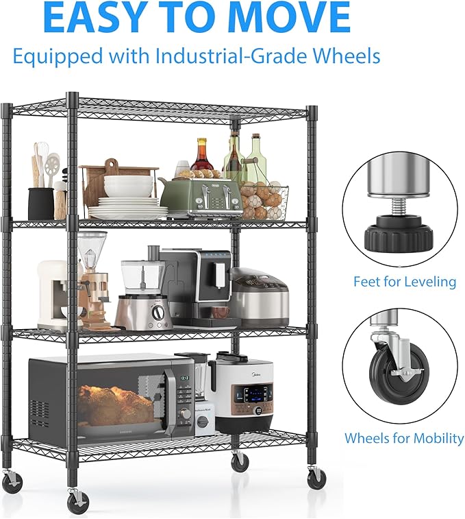 Homdox Heavy Duty Metal Shelves for Storage, 4 Tier Storage Racks and Shelving, Commercial Adjustable Wire Shelving Unit on Wheels, Garage Rack Pantry Shelves Kitchen Shelving, 18"x36"x72", Black