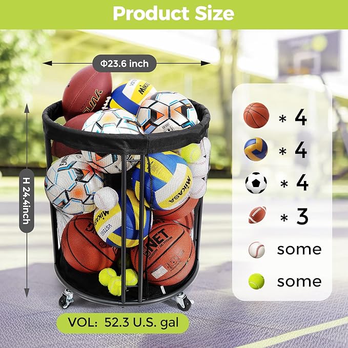 Ball Storage Bin, Sports Ball Storage Cart, Ball Holder with Wheels for Basketball, Soccer, Garage, School, Indoor, Outdoor Ball Basketball Storage Rack Upgraged