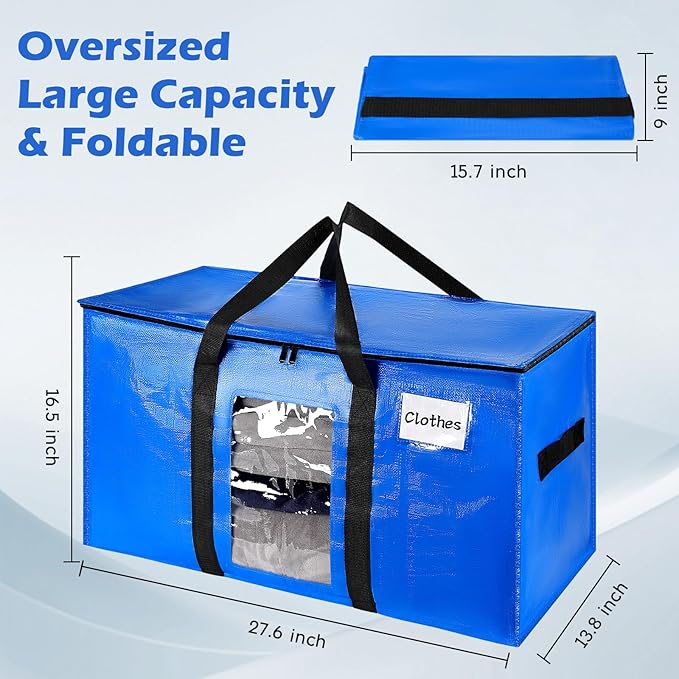 6 Pack Extra Large Moving Bags,Christmas Decoration Storage Bins,37Gallon Heavy Duty Storage Totes with Visible Window & Tag Pocket,Alternative to Moving Boxes,Dorm Room Essentials(Blue)