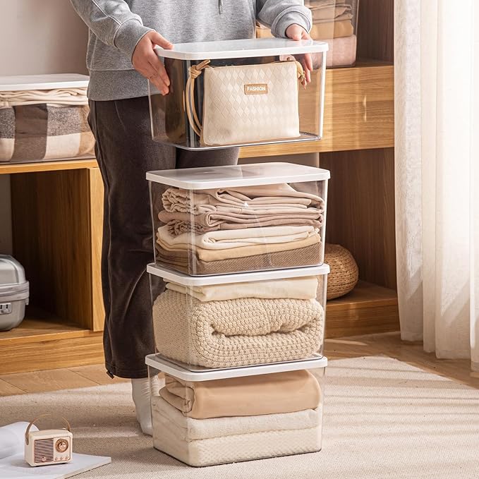 Sgoostood 4-Piece Set,Plastic Storage Bin with Lid,Large Storage Containers,Stackable Lidded Storage Boxes for Cabinets, Clothes, Toys, Books (clear 4XL(with wihte lid))