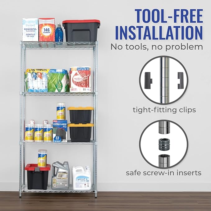 SafeRacks - NSF Certified Storage Shelves, Zinc, Heavy Duty Steel Wire Unit with Adjustable Feet, Garage or Bakers Rack, Kitchen, Pantry Shelf - (18"x36"x72" 4-Tier) (Silver)