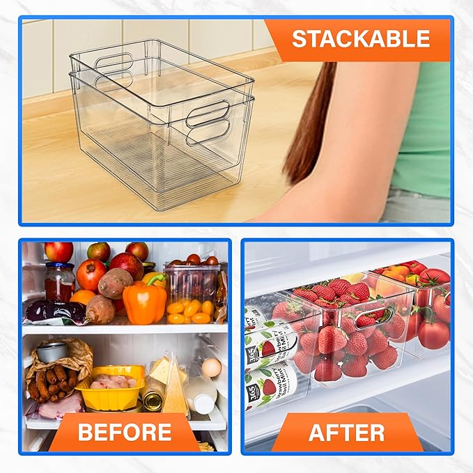 Lifemaster Stackable Refrigerator Bins - Set of 6 Large Capacity Organizers with Easy Grip Handles - Clear and Versatile for Kitchen Storage