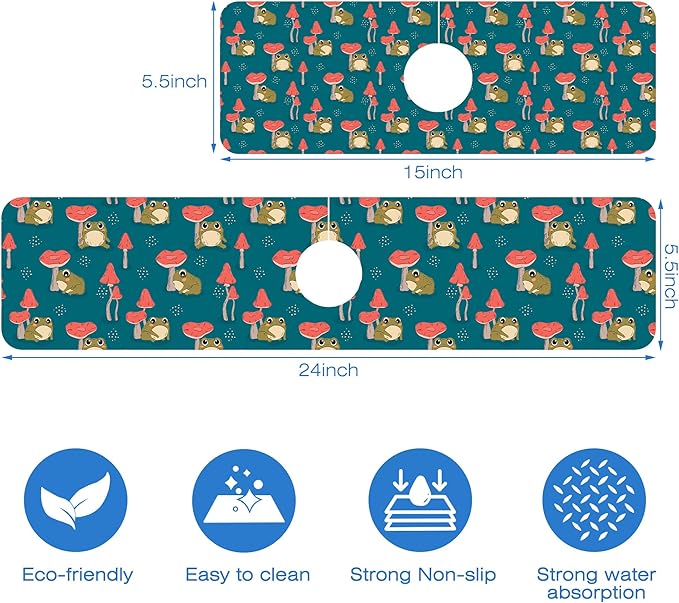 Cute Frog and Mushrooms Dish Drying Mat for Kitchen Sink Splash Guard Behind Faucet Sink Mat Absorbent Fast Drying Faucet Draining Mat for Bathroom Kitchen 5.5"×24"