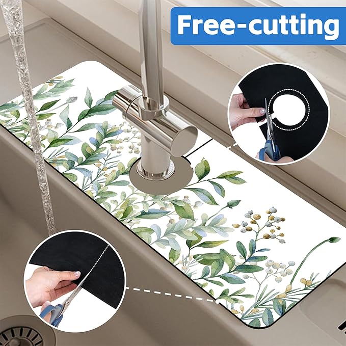 Watercolor Green Branch Leaves Dish Drying Mat for Kitchen Sink Splash Guard Behind Faucet Sink Mat Absorbent Fast Drying Faucet Draining Mat for Bathroom Kitchen 5.5"×15"
