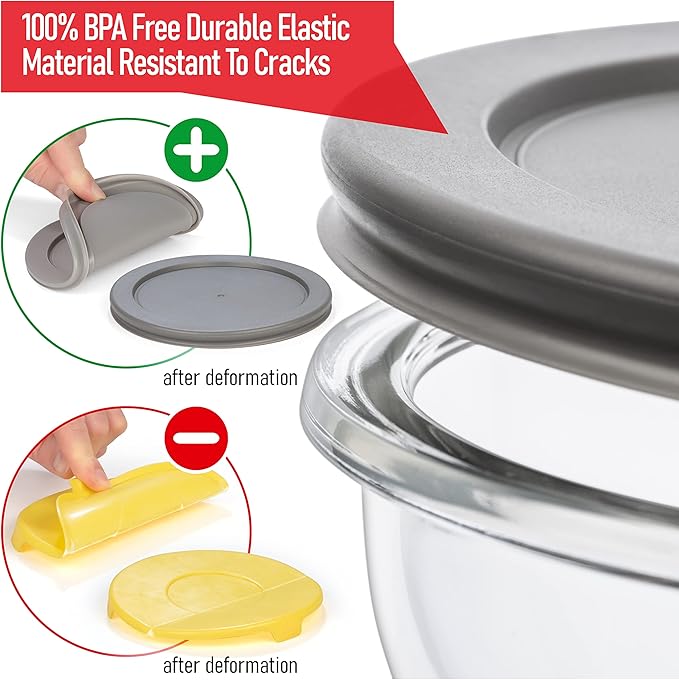 dokaworld Set of 6 Stackable Space-Saving Nesting Glass Bowls with BPA Free Lids for Foodprep, Storage, Baking, Mixing & Cooking, Microwave Safe - Durable Inert Borosilicate Glass