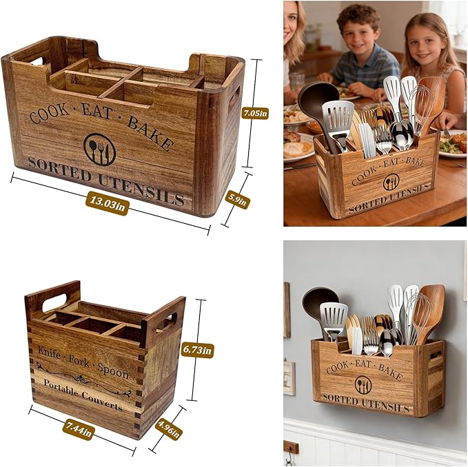 2-in-1 Upgraded Design Kitchen Utensil Holder,Acacia Wood Utensil Holder for Kitchen Counter, Large Utensil Holder with Removable Portable Organizer for Classified Storage,Ideal for Kitchen Use