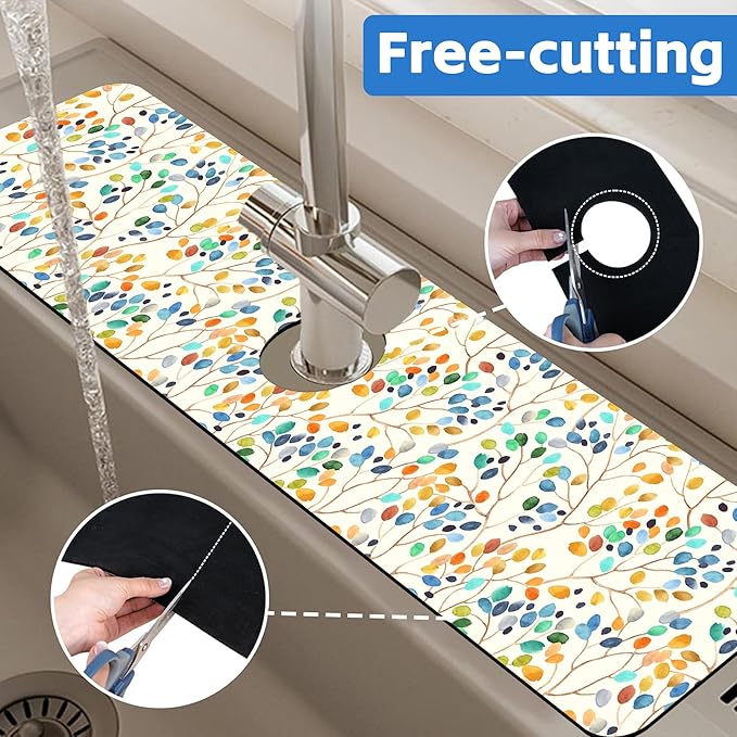 Abstract Watercolor Leaves Sink Faucet Absorbing Mat Sink Splash Guard Faucet Mat Draining Mat Fast Drying Sink Protectors for Kitchen and Bathroom 5.5"×24"