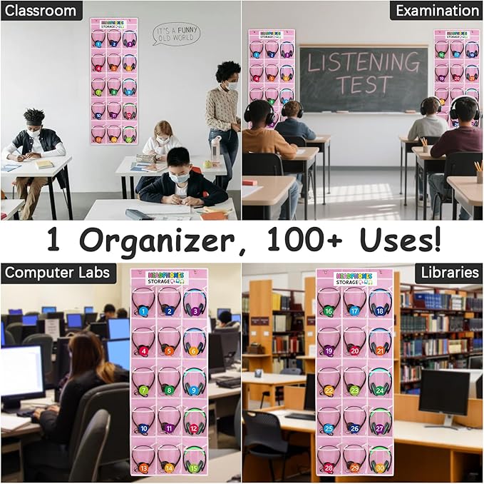 2 Pack Classroom Headphone Storage Organizer with 30 Pockets, PVC Clear Classroom Pocket Chart for Headphone Cell Phone Over-the-Door Hanging Headphone Holder Bag with 62 Labels(Pink)