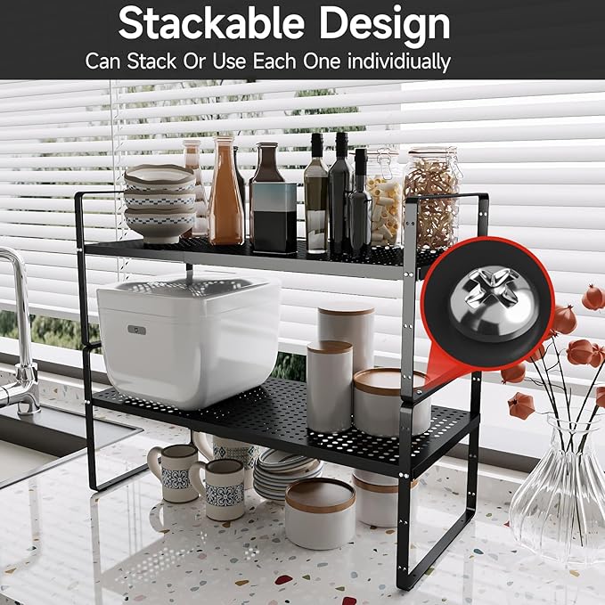 jkxoo Expandable Cabinet Countertop Shelves 16.5-27’’L, Adjustable Metal Spice Rack Organizer, Stackable Kitchen Counter Storage Shelves Organizers for Cabinet Organization, Black