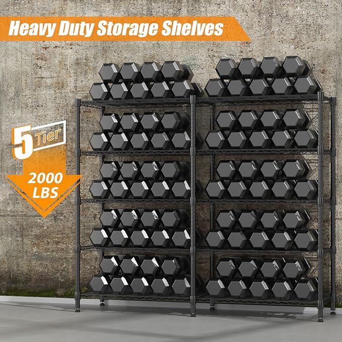 Homdox Heavy Duty Metal Shelves for Storage, 5 Tier Storage Racks and Shelving, Adjustable Wire Shelving Unit, Garage Rack Pantry Shelves Kitchen Shelving, 18"x72"x72", Black