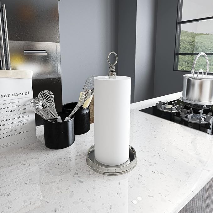 KASUNTO Paper Towel Holder With Heavy Weighted Base - Steel Countertop Stand for Kitchen, Bars & Dining Tables - Fits Standard & Jumbo Rolls - Brushed Nickel