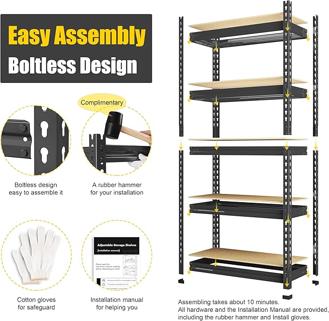 PrimeZone Storage Shelves 6 Pack 5 Tier Adjustable Garage Storage Shelving, Heavy Duty Metal Storage Utility Rack Organizer Shelf Unit for Warehouse Pantry Closet Kitchen Basement, Black