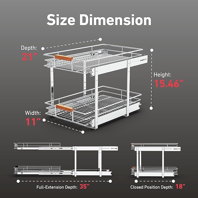 Mount Walker Pull Out Cabinet Organizer(11" W x 21" D), 2 Tier Wire Basket Slide Out Shelf Storage with Wood Handle, Pull Shelf Drawers for 12-1/4” Cabinet Opening, Chrome