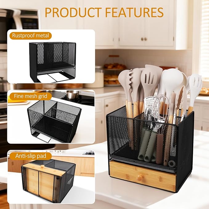 Kitchen Utensil Holder with Drawer, 2-In-1 Large Utensil Holder & Silverware Holder for Counter & Countertop, Kitchen Utensils Organizer for Cookware and Flatware, With Quick Dry Diatomite Pad