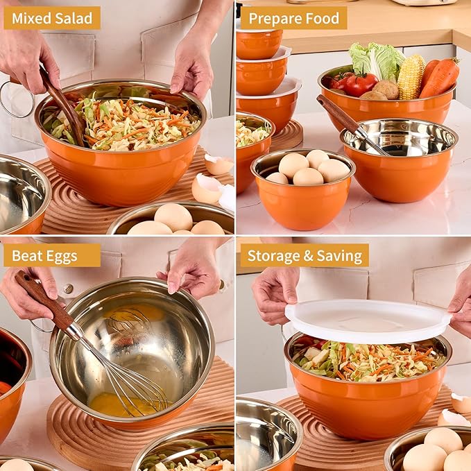 Moxinox Orange Mixing Bowls with Airtight Lids, Stainless Steel Nesting Mixing Bowls Set of 7, Ideal for Baking, Prepping and Serving Food, Size 7, 3.6, 2.7, 2.1, 1.5, 1.1,0.8 QT, Stackable Design