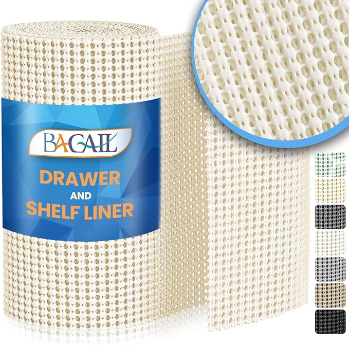 BAGAIL Drawer and Shelf Liner, 17.5 in X 10 Ft Non-Adhesive Shelf Liners for Kitchen Cabinets, Thick Strong Grip Liners for Desk, Shelves, Bathroom Drawers, Cabinet Protection - Cream
