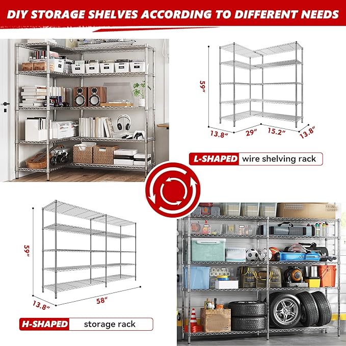 REIBII 58" W Storage Shelves Wire Shelving 1400LB Metal Shelves for 5 Tier Shelving Unit with Shelf Adjustable Garage Shelving Rack for Pantry Kitchen Garage, 58" W x 59" H x 13.8" D, Chrome